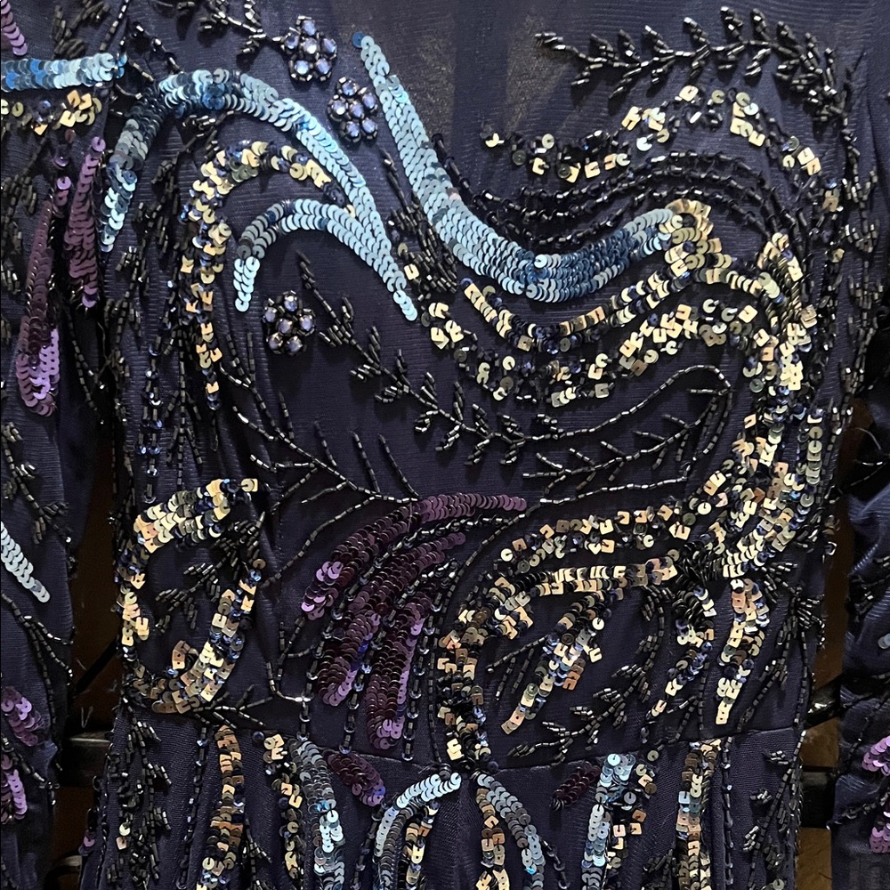 Mac Duggal Navy Blue Sequined Long Sleeve Evening Gown - Picture 8 of 11